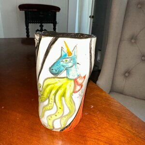 Unique Signed & Hand Crafted Stoneware Pottery Cup Unicorn Octopus Mystical Art